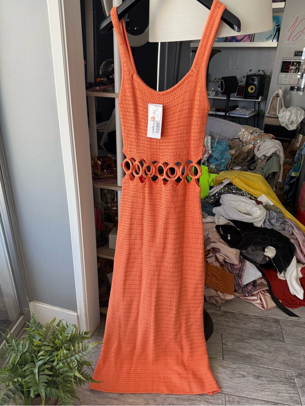 12th Tribe Orange Crochet Ring-Waist Maxi Dress